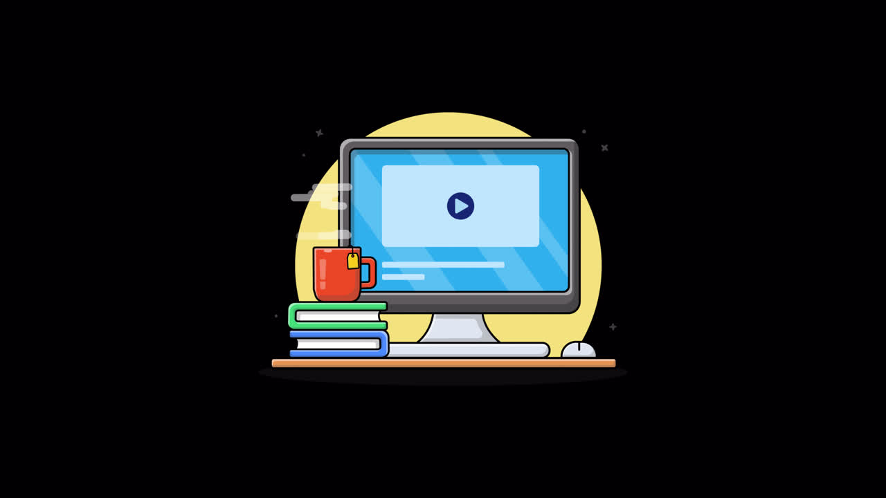 Animated Computer Monitor with Books and Steaming Cup
