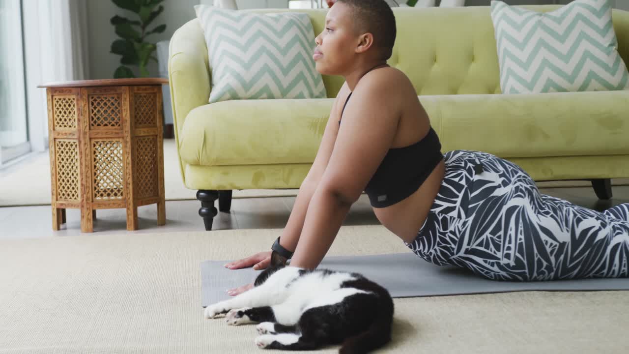feliz mujer afroamericana de talla grande practicando yoga, estirándose en la sala de estar con su gato mascota