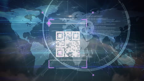 qr code scanning animation over digital world map with data lines