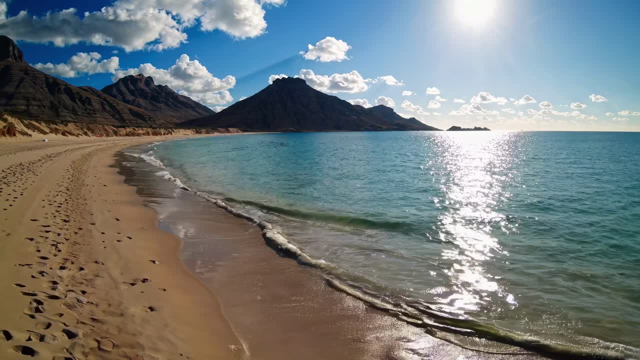 Un video sereno di una spiaggia ripreso dal basso, che mostra onde delicate, un cielo illuminato dal sole e in lontananza