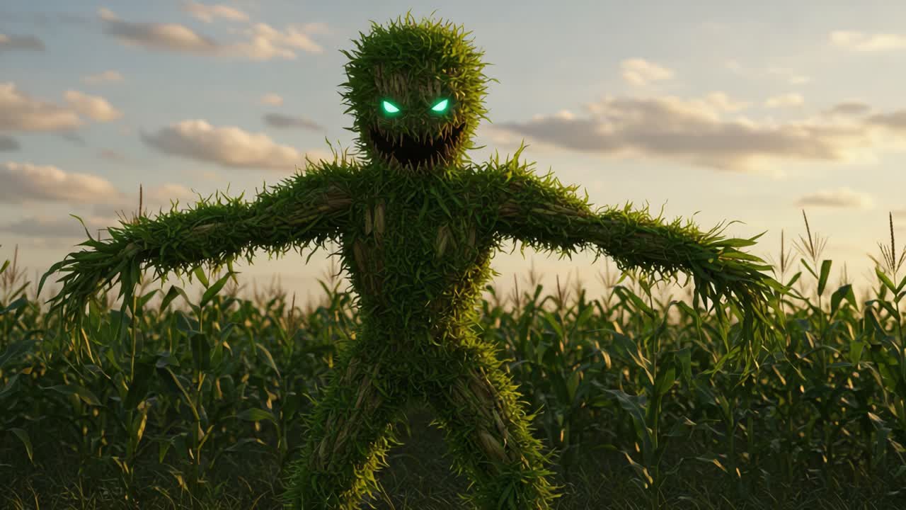 Een dreigend figuur komt tevoorschijn uit een weelderig korenveld, gemaakt van levendig groen met gloeiende ogen, wat een gevoel van mysterie en onbehagen oproept in een raadselachtig landschap