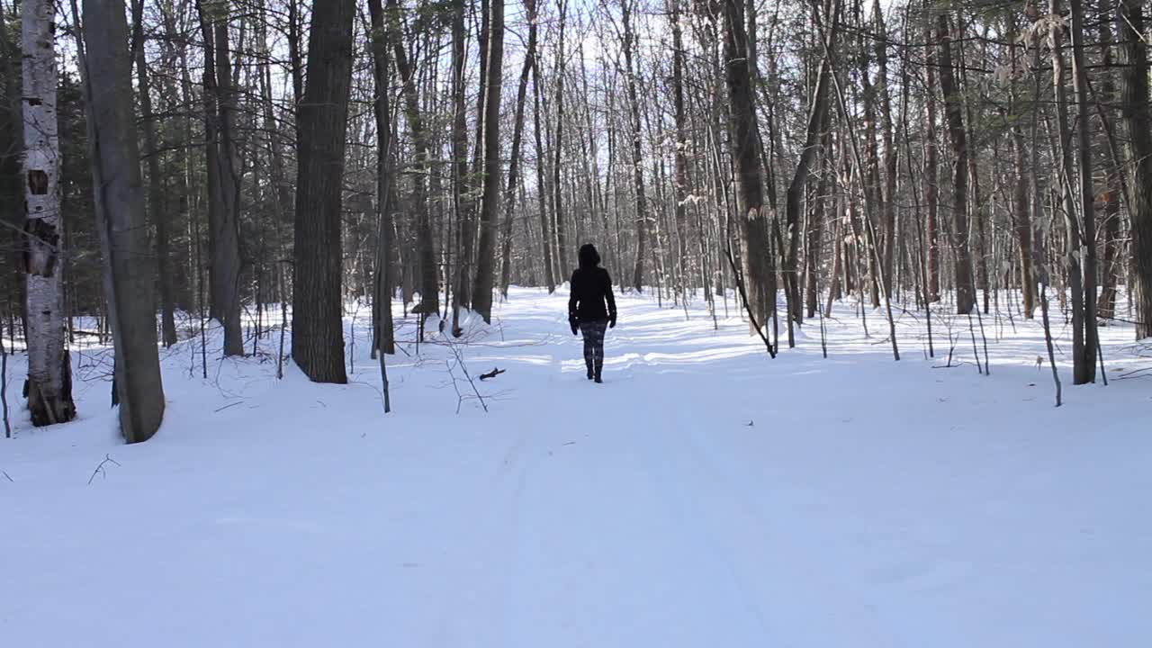 mujer sola caminando lentamente en el paseo marítimo cubierto de nieve después de la nevada durante el día de invierno - plano general