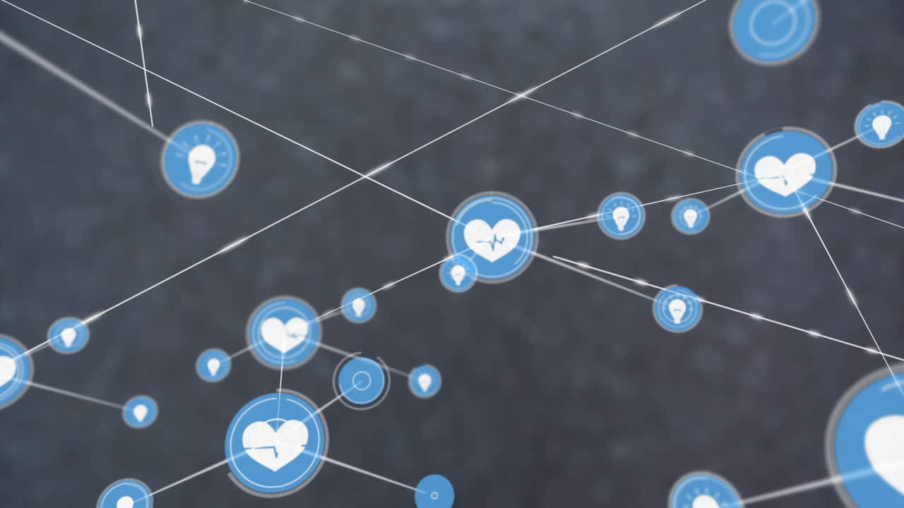 animación de iconos de bulbo y corazón conectados con líneas contra un fondo gris
