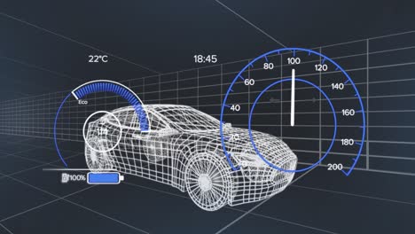 3d 자동차 도면 위에 전기 자동차 디지털 인터페이스의 애니메이션