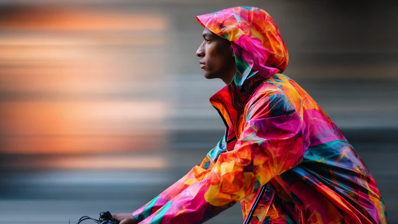 A dynamic capture of a cyclist in vibrant, multicolored rainwear, moving effortlessly against a blurred urban backdrop, showcasing the energy and style of modern biking culture