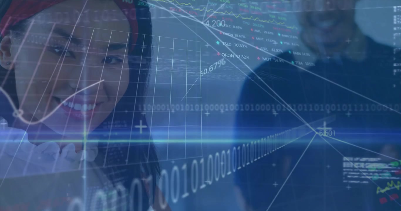 Binærkode strømmer, kolleger dukker opp over et 3D-nett, dataanalytikere analyserer datadiagrammer.