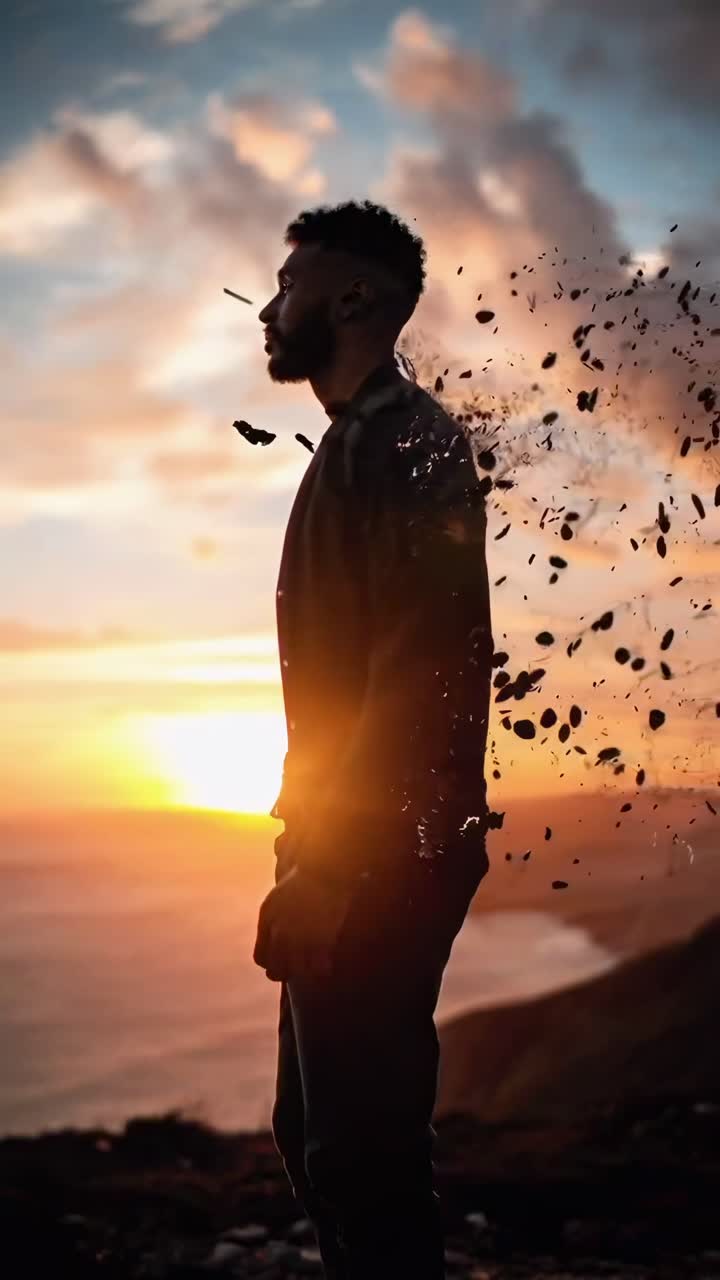 Video concept di profilo laterale con un uomo che si dissolve in particelle al tramonto, in stile artistico.