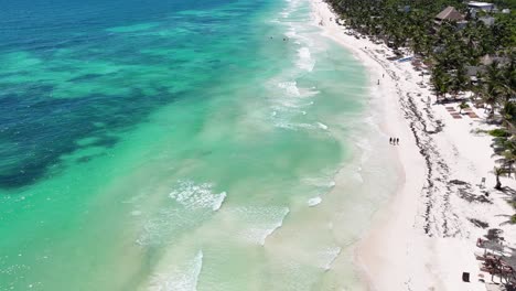 drone shot of tulum mexico beach, white sand, turquoise caribbean sea and palm trees
