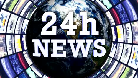 24h news text, earth and monitors tunnel animation, rendering, background, loop