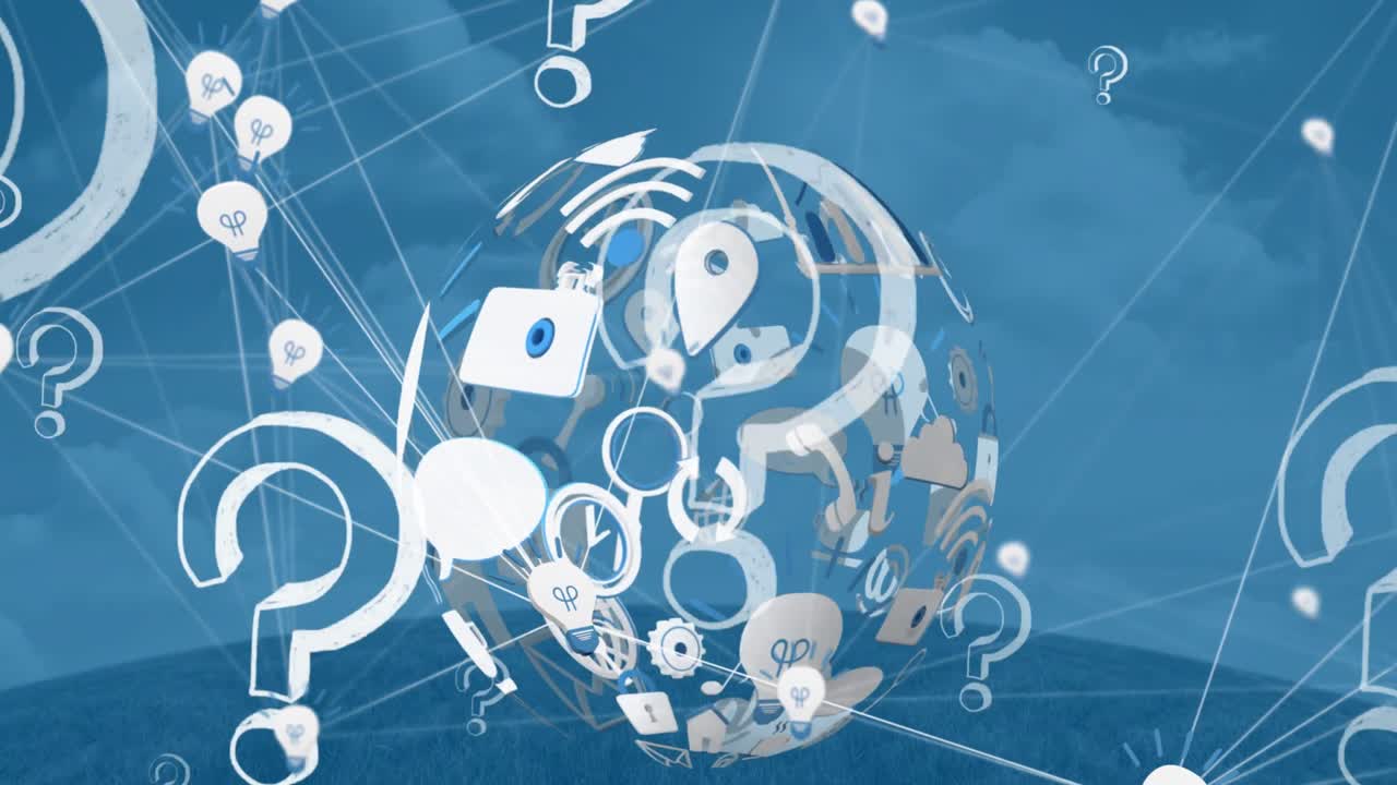 구름 위의 미디어 아이콘과 함께 전 세계에 대한 질문표의 애니메이션