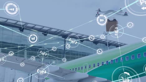 Animation-Des-Netzwerks-Von-Verbindungen-Mit-Symbolen-über-Drohnen,-Die-Pakete-Transportieren