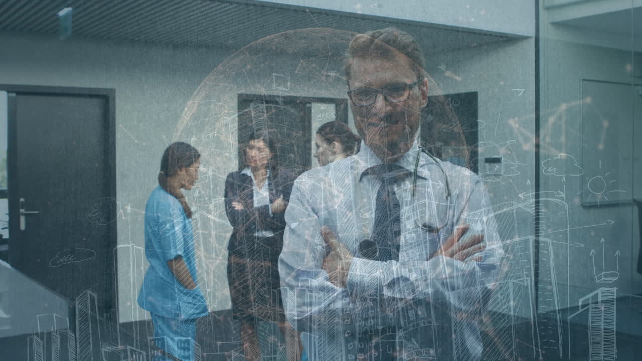 animación de la interfaz de datos digitales en un grupo de médicos diversos