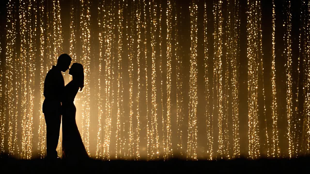 A Romantic Embrace: A Silhouette of Two Lovers Against a Dazzling Curtain of Golden Lights, Capturing the Essence of Love and Togetherness in a Magical Moment