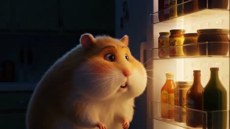 a curious hamster stands before an open refrigerator, contemplating a late-night snack in a whimsical animated scene filled with colorful jars and bottles