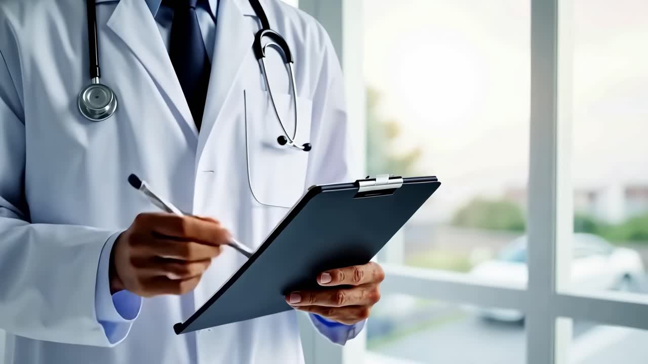 A mid-angle shot of a doctor in a white coat writing on a clipboard, conveying professionalism