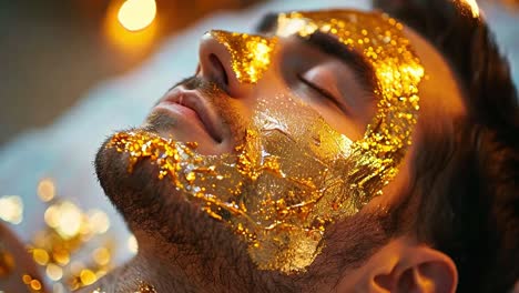 man with golden face mask receiving spa treatment