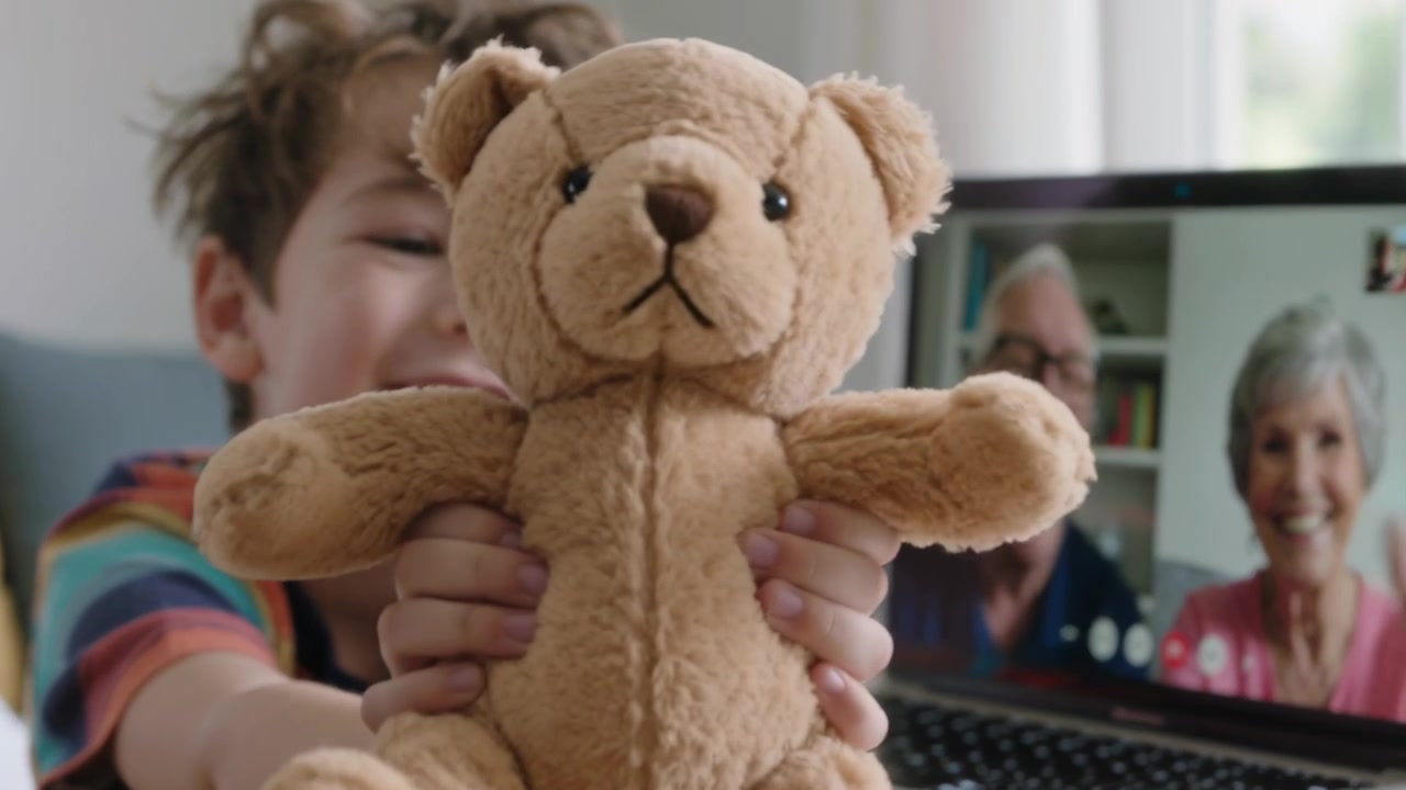 Modtager opkald, barn i stribet skjorte på sofaen bringer brun bamse til bærbar computer for smilende ældre