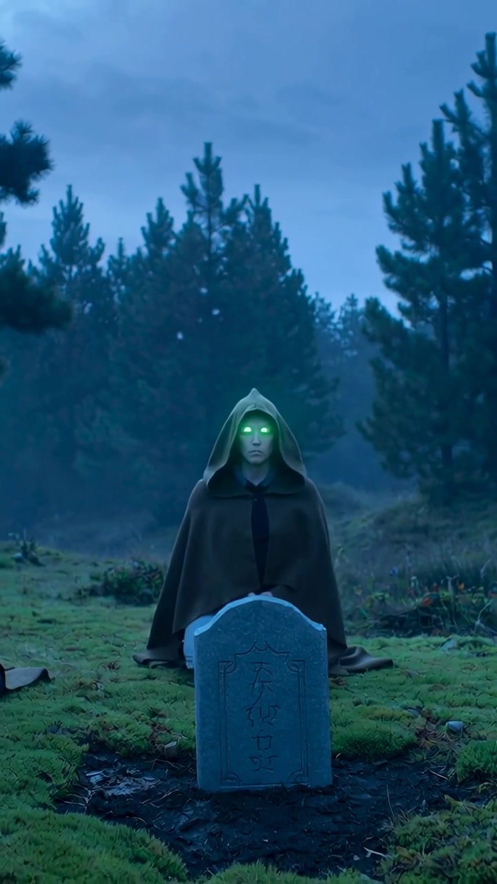 Vertikal video: Nærmer seg kappekledd mann som kneler ved en grav på en mosegrodd lysning for et ritual, grønt skjær