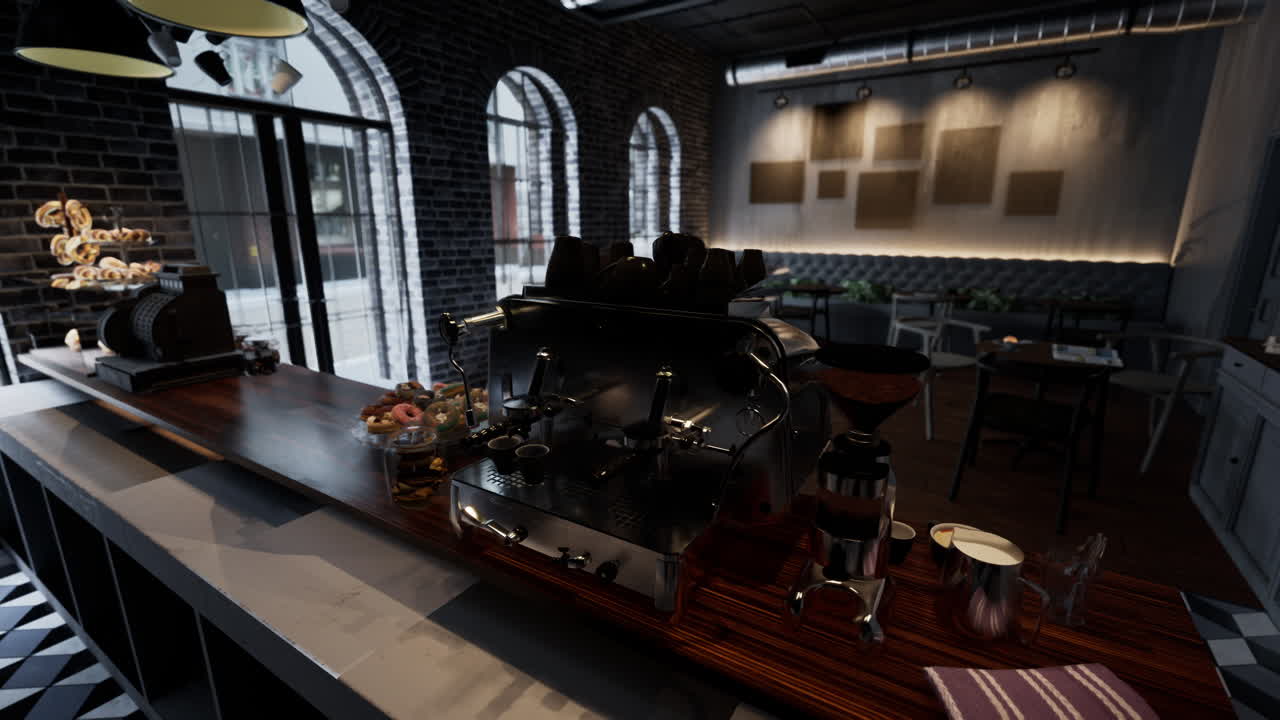 바와 큰 창문이 있는 현대적인 카페 인테리어