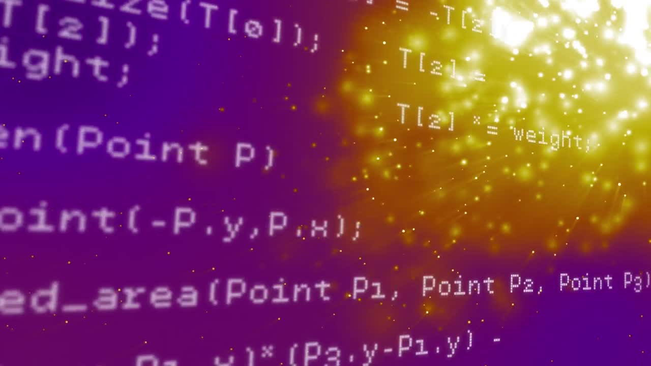 animatie van gegevensverwerking in groen op paarse en gouden achtergrond