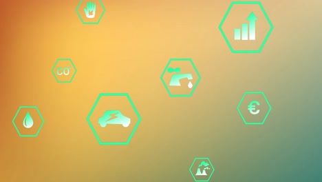 animation of sustainable icons with currency sign and graphs in hexagons on abstract background