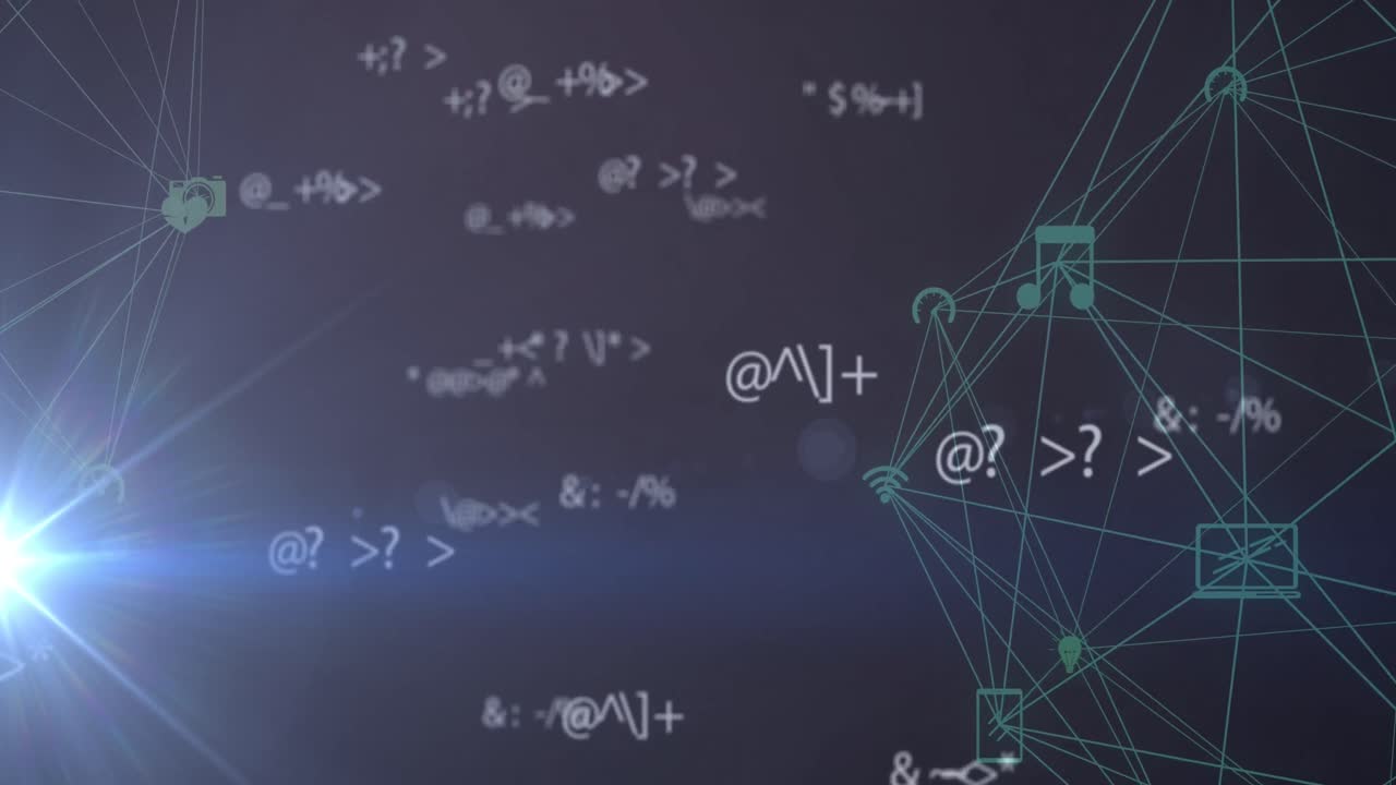 Multiple changing mathematical symbols and spot of light over two globes of digital icons spinning
