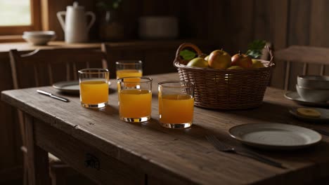 a welcoming table setting featuring freshly squeezed orange juice and a basket of apples, perfect for a cozy gathering in a rustic environment