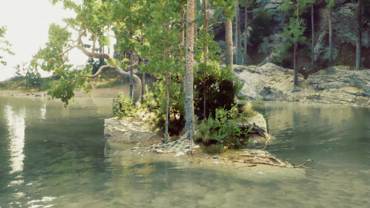 Tranquil island with lush trees in serene lake surrounded by nature