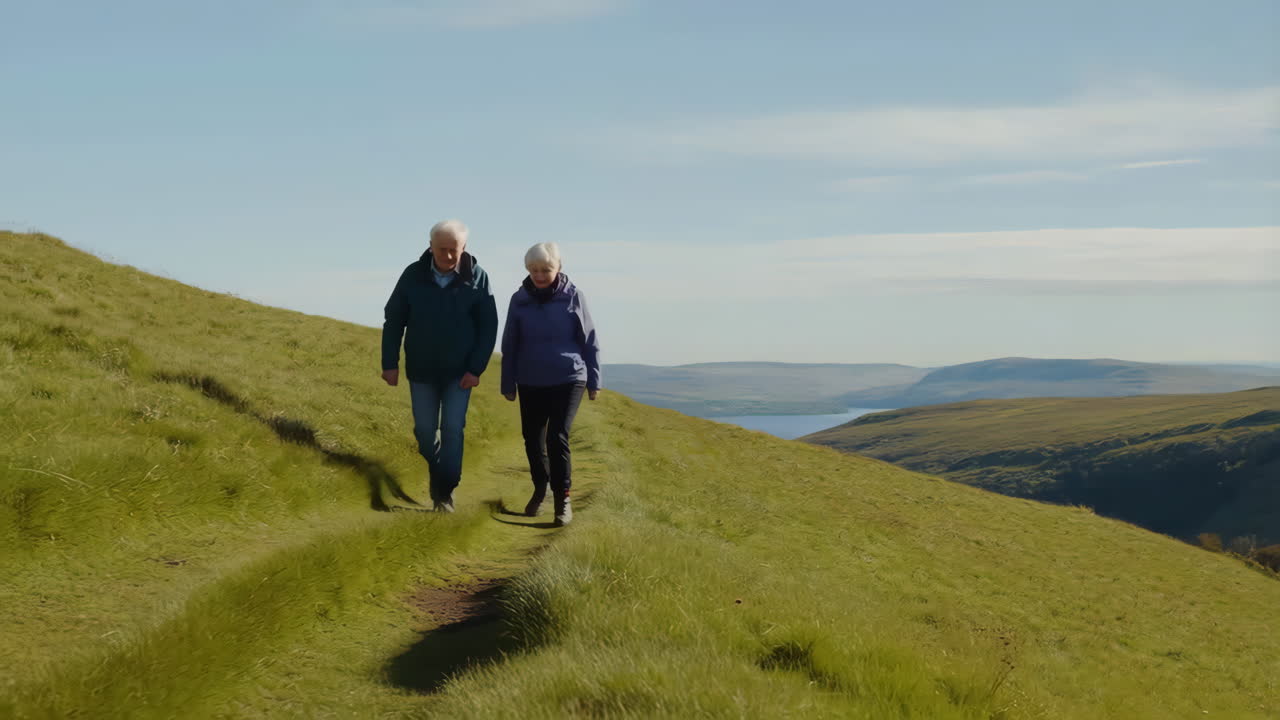 Elderly couple walking on a grassy hill