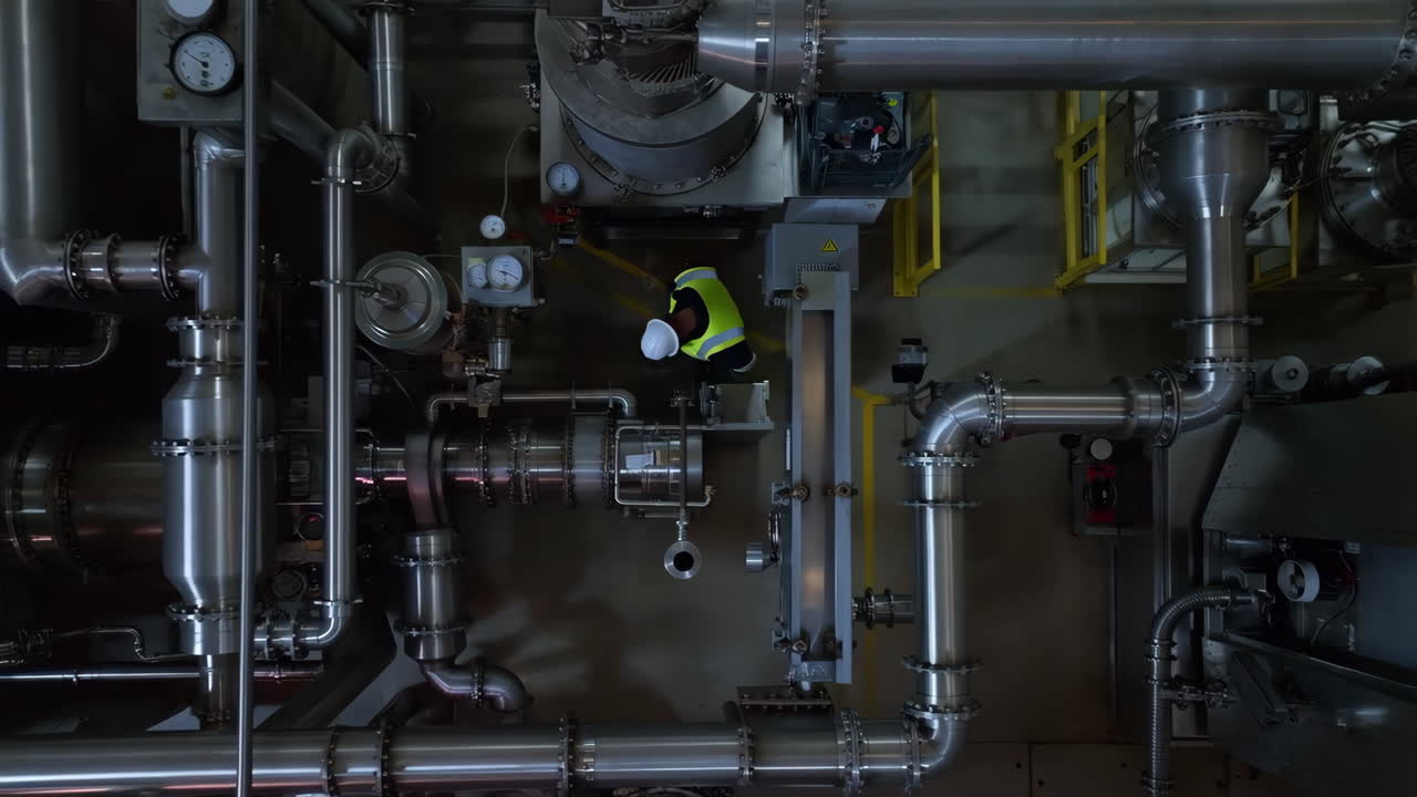 Overhead View of Industrial Pipes and Machinery with an Engineer