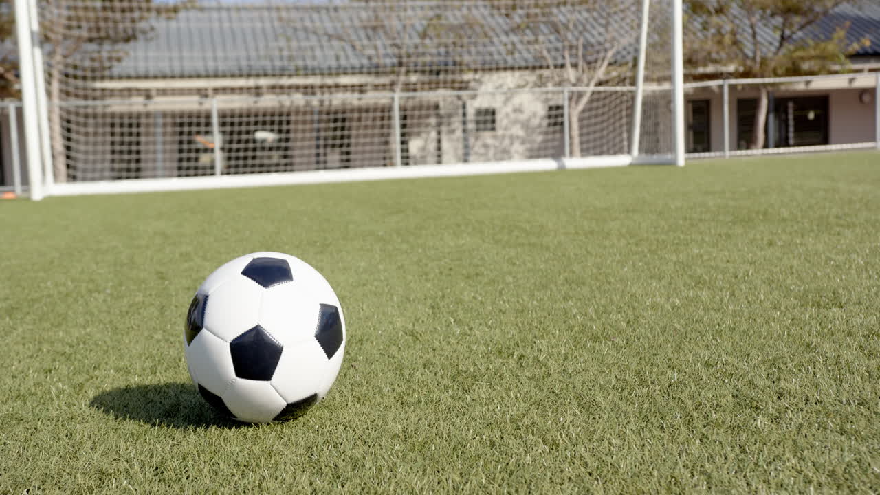Soccer ball on grass field in front of goal, ready for practice or game, copy space