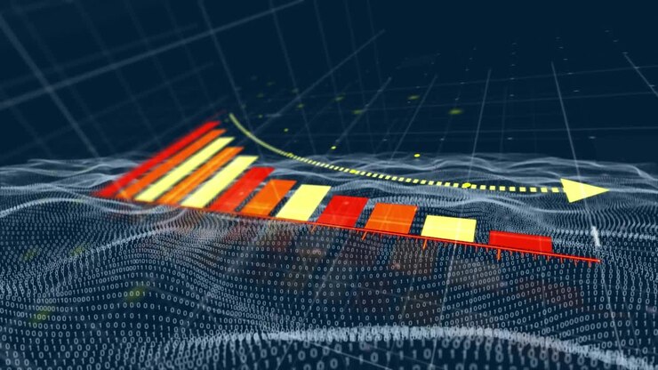 Animazione di grafici, forme viola e una freccia in uno spazio digitale con onde.