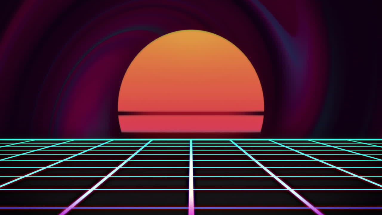 Retro sunset over grid animation with neon colors and dark background