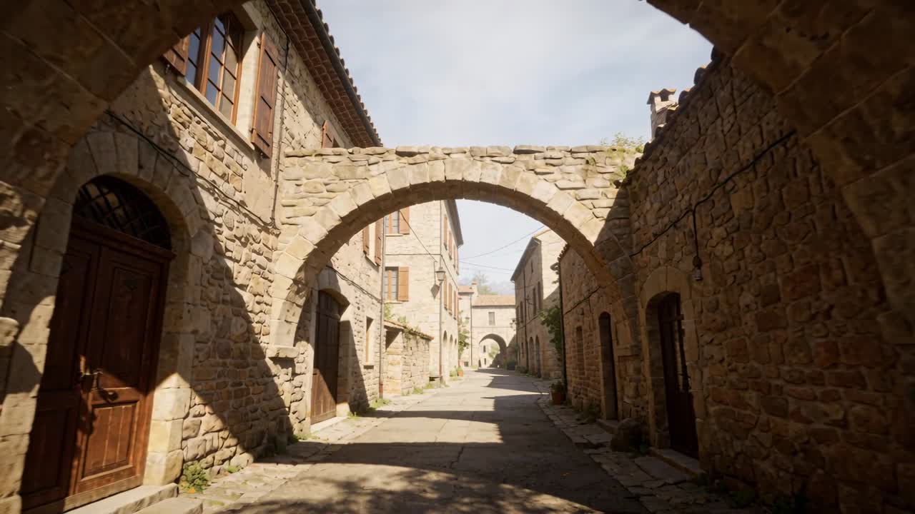 Seguimiento hacia adelante, cámara moviéndose hacia el arco de piedra más cercano en una calle iluminada por el sol, revelando arcos.