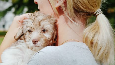 a woman with a small puppy on her shoulder. stroking your beloved pet