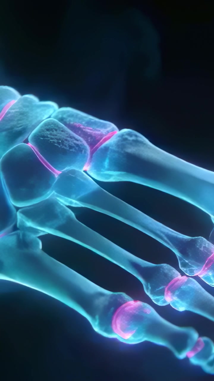Vertical video: Opening camera panning foot bones tarsals-to-toes in lab for study neon-pink rings