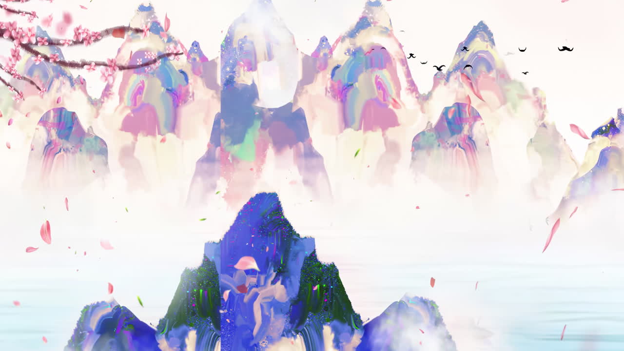 신비로운 풍경: 중국의 전통적인 동양 디지털 예술 애니메이션, 중국 레트로 페인팅, 잉크, 꽃, 나무, 새, 안개의 강과 함께 안개 산