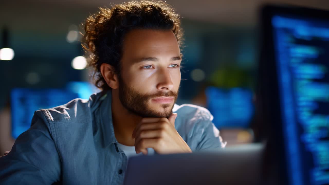 Focused Male Observer Analyzing Data on a Laptop, Deep in Thought and Contemplation in a Dimly Lit Environment with Coding Elements Visible in the Background