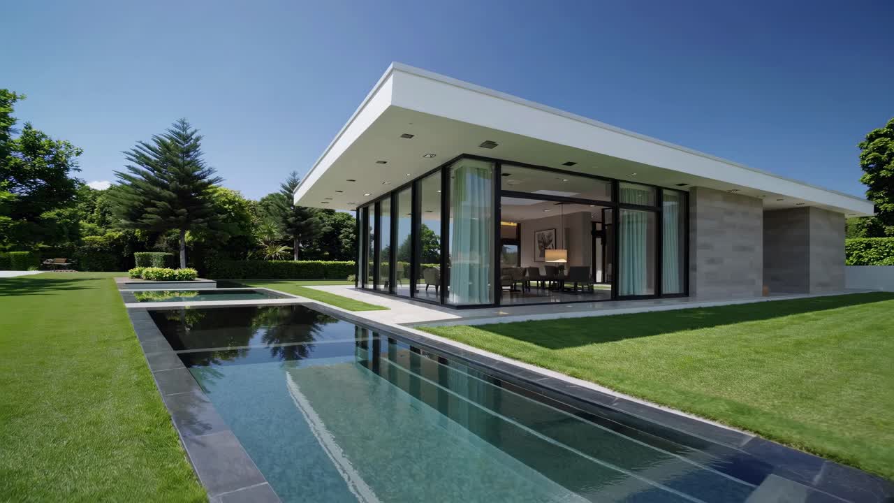 Modern luxury home with glass walls and sleek design, captured from a low-angle shot
