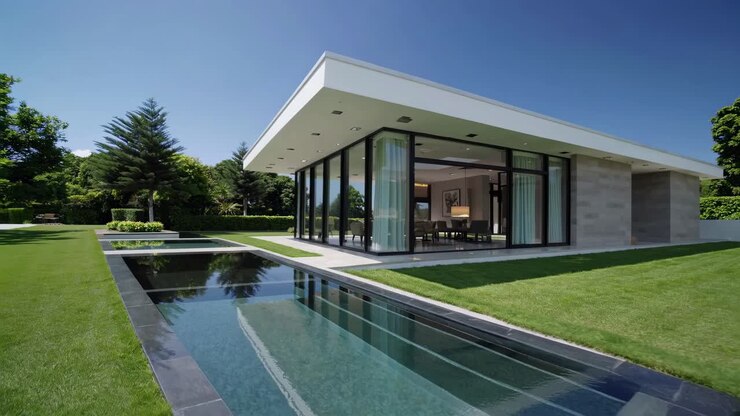 Modern luxury home with glass walls and sleek design, captured from a low-angle shot
