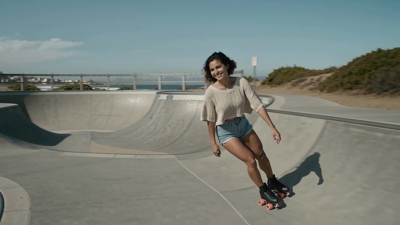 Skating woman pushing off bowl lip, carving for fun at coastal bowl, denim-shorts and quad skates