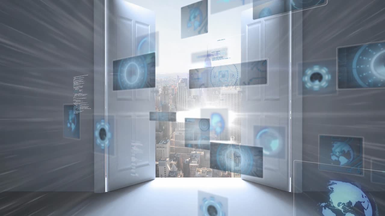 문과 도시 풍경 위의 범위 스캐닝과 함께 데이터 처리 애니메이션