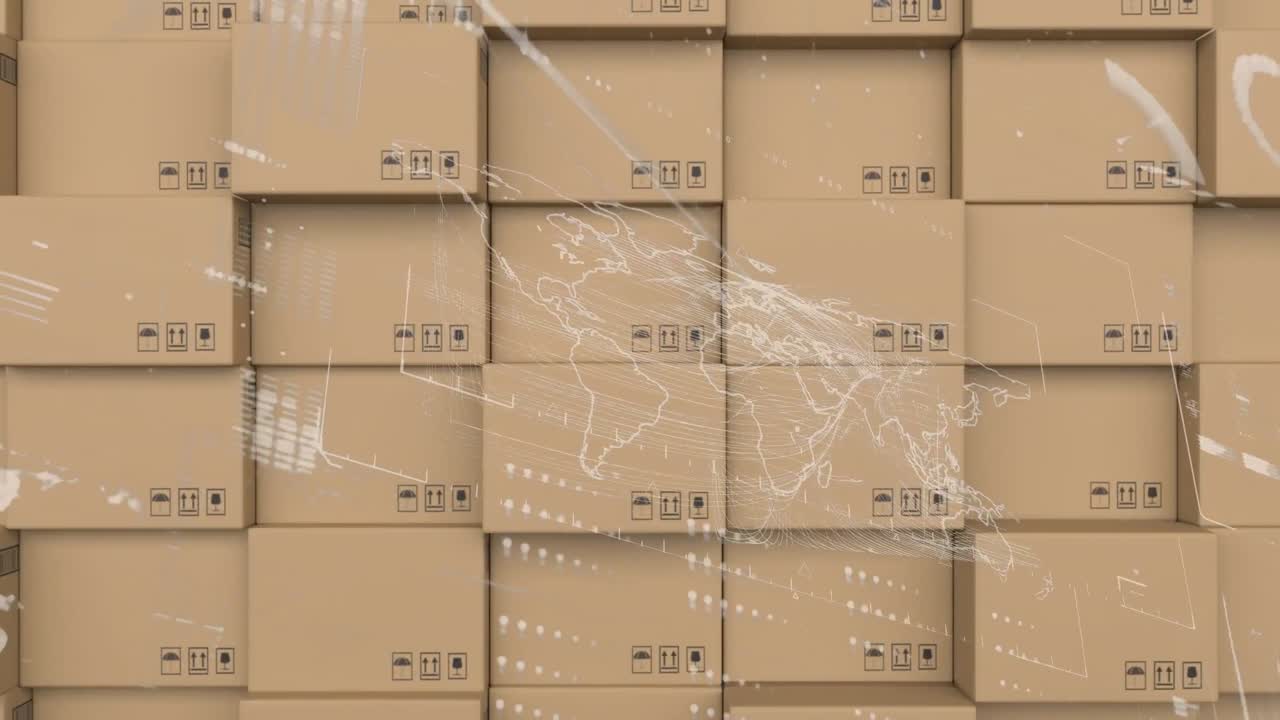 데이터 처리에 대한 애니메이션과 창고의 카드보드 스테이크 위에서 회전하는 지구