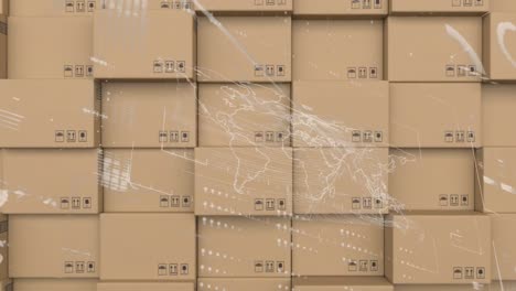 animation of data processing and globe spinning over stack of cardboard boxes in warehouse