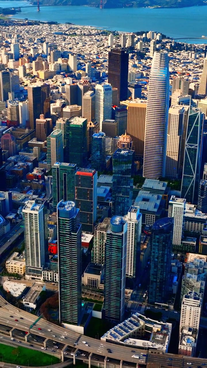 Vista aerea della Salesforce Tower in mezzo a un denso skyline di San Francisco. Inquadratura dall'alto su rampe autostradali, torri di vetro e la baia che si estende verso la costa. Video verticale.
