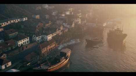 misty coastal village harbor