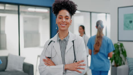 Proud-face-of-black-woman-doctor-in-busy-hospital