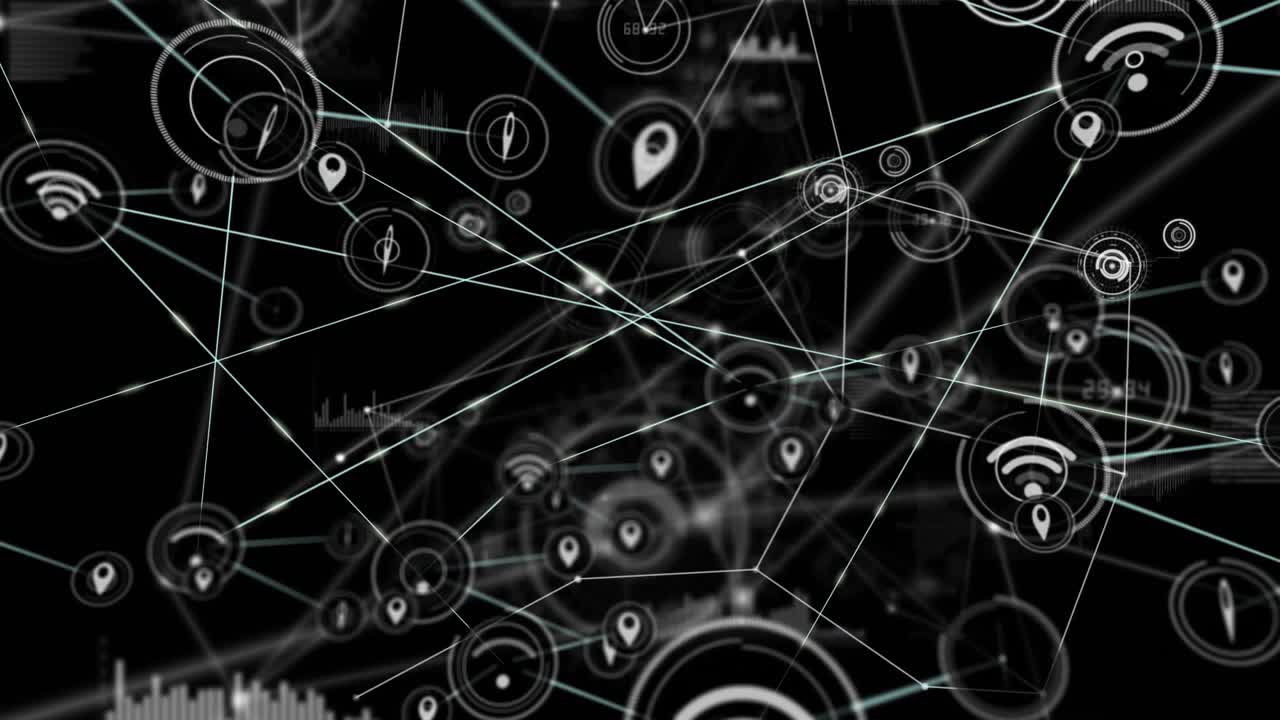 Center node expanding, data mesh growing and linking nodes while icons shifting to show connections