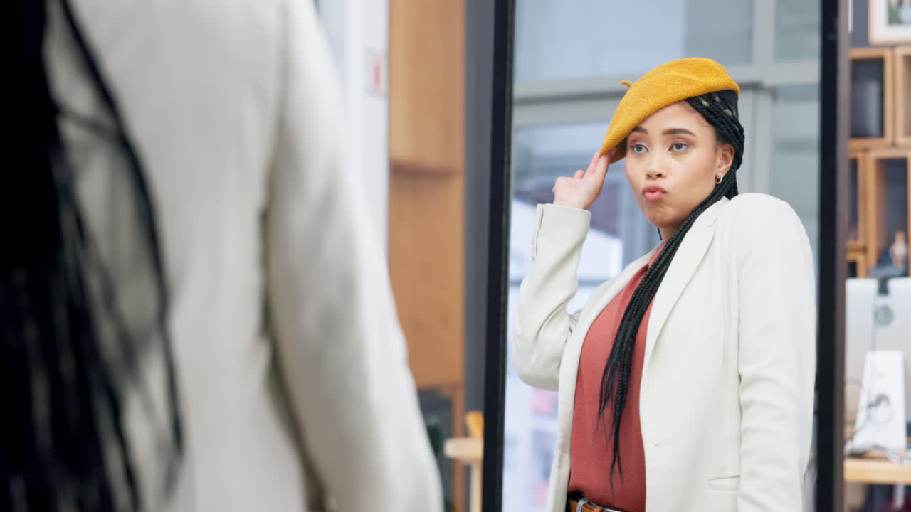 Shopping, fashion and mirror with an African woman