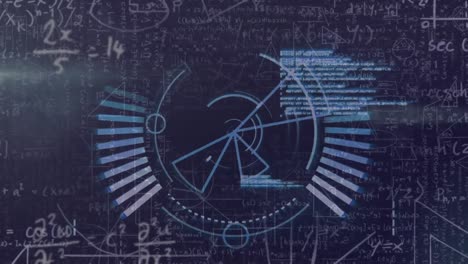 Animation-of-loading-circles,-computer-language-over-mathematical-equations-and-diagrams